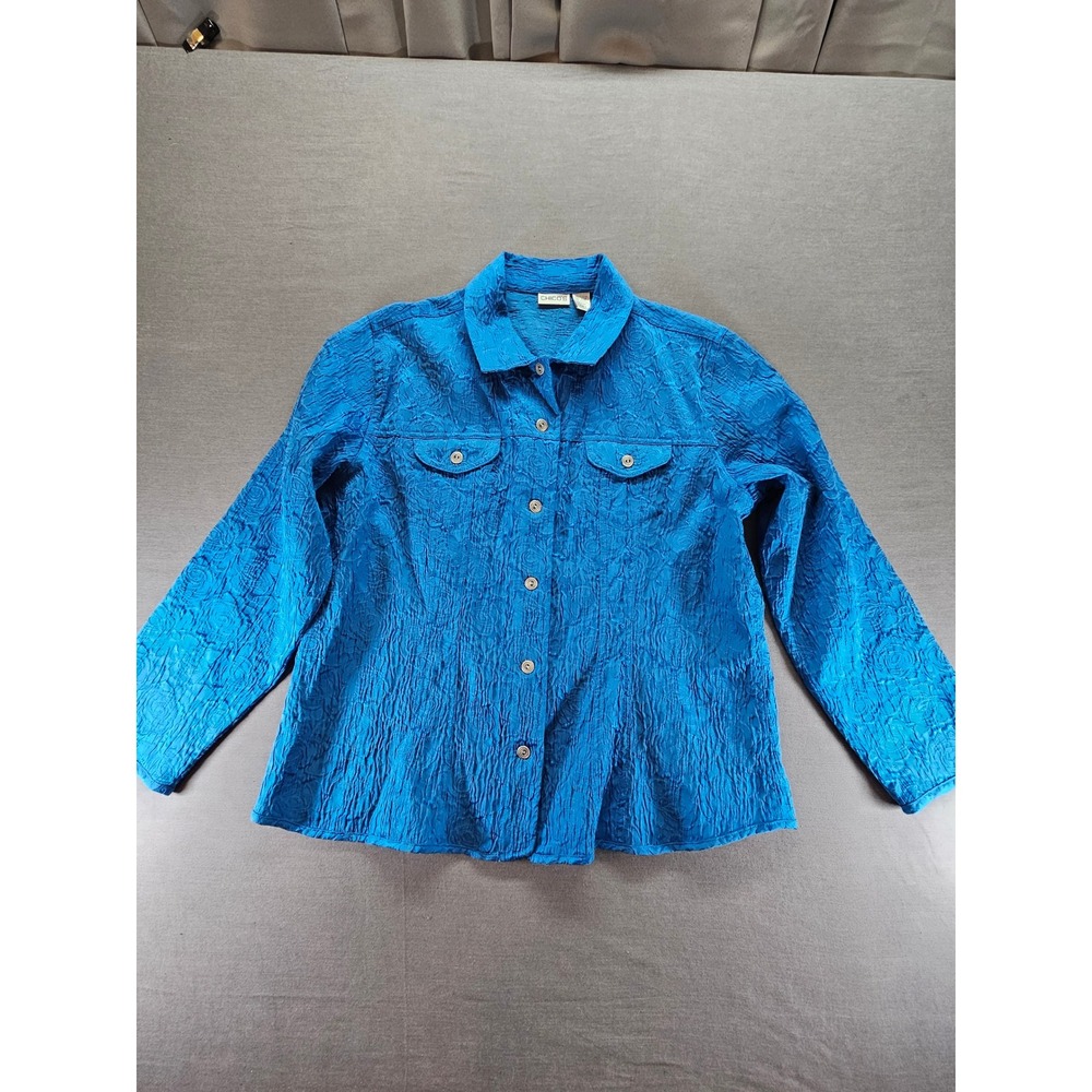 Chicos Royal Blue Textured Crinkle Floral Button Down Shirt Jacket Size 3 L XL